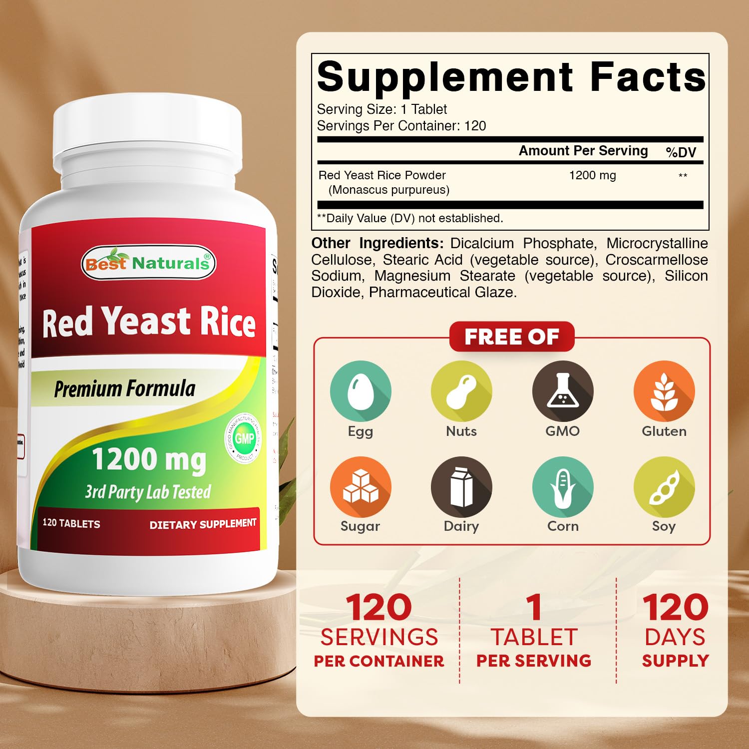 Best Naturals Red Yeast Rice bottle label showing 1200 mg per tablet and gluten-free formula