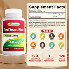 Best Naturals Red Yeast Rice bottle label showing 1200 mg per tablet and gluten-free formula