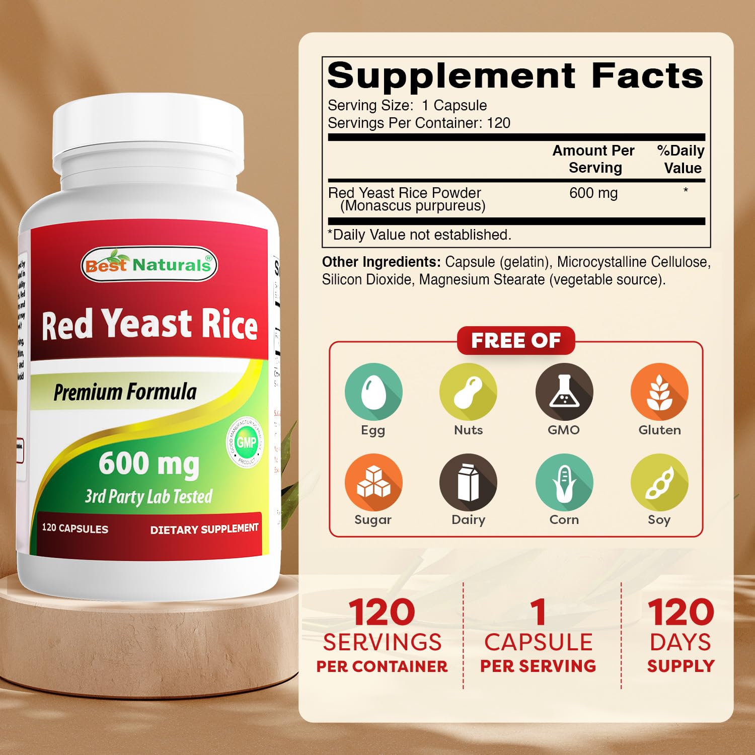 Best Naturals Red Yeast Rice capsules close-up showing uniform capsules for precise dosing.