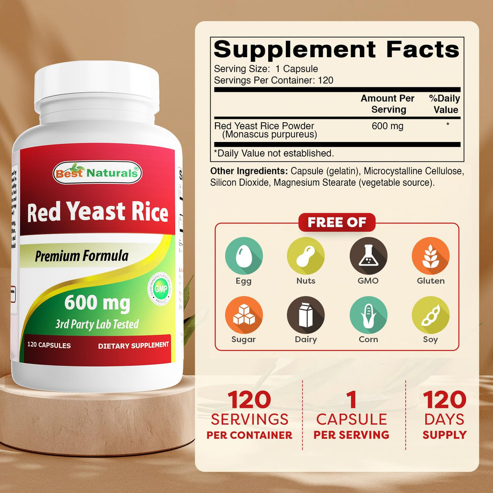Best Naturals Red Yeast Rice capsules close-up showing uniform capsules for precise dosing.