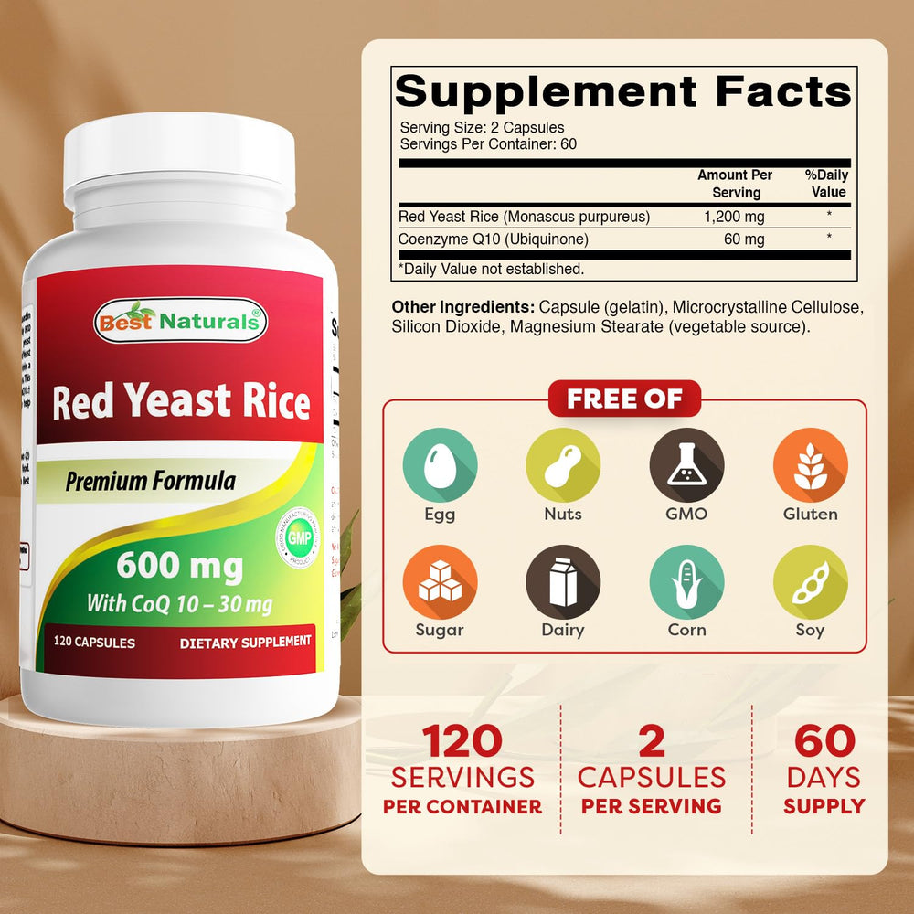 Close-up of Best Naturals Red Yeast Rice with CoQ10 capsules for easy supplementation.