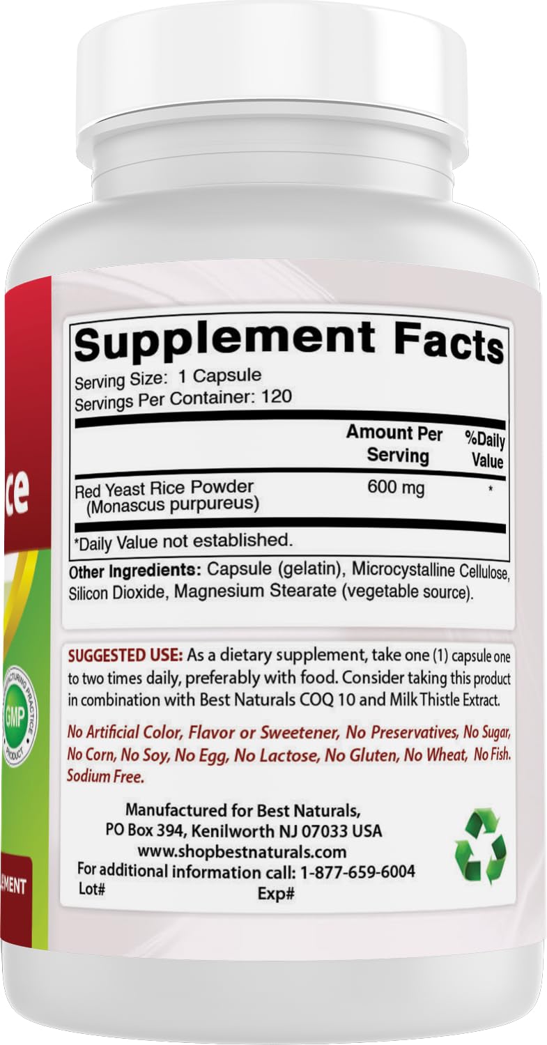 Best Naturals Red Yeast Rice capsules arranged on a wooden tray with label details.