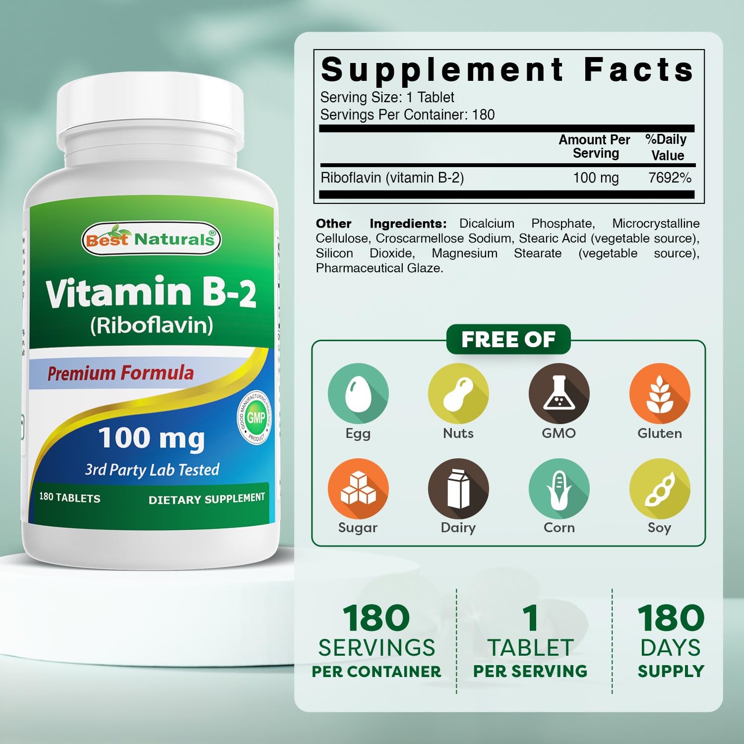 Best Naturals Riboflavin bottle side reveals 180-tablet supply for long-term use