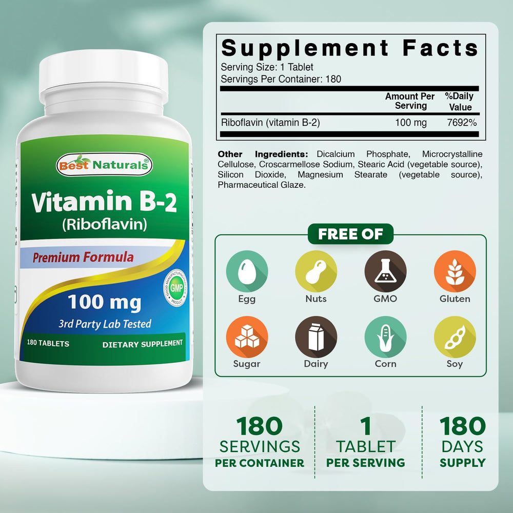 Best Naturals Riboflavin bottle side reveals 180-tablet supply for long-term use