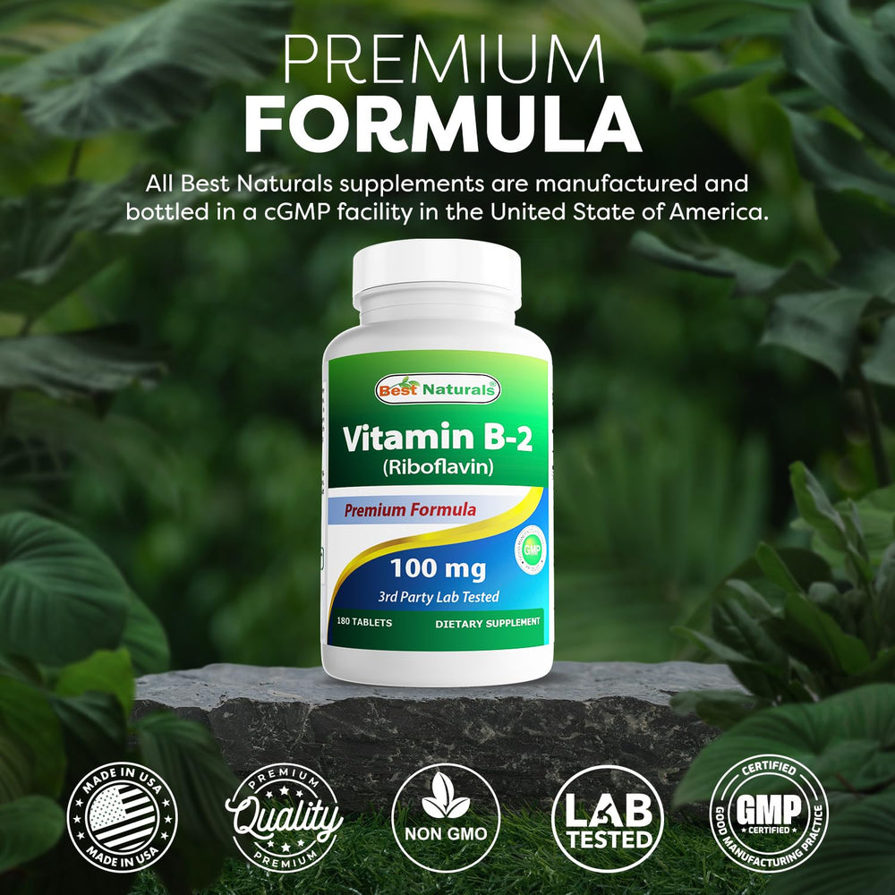 Best Naturals Riboflavin bottle proudly showing made in USA and GMP compliance