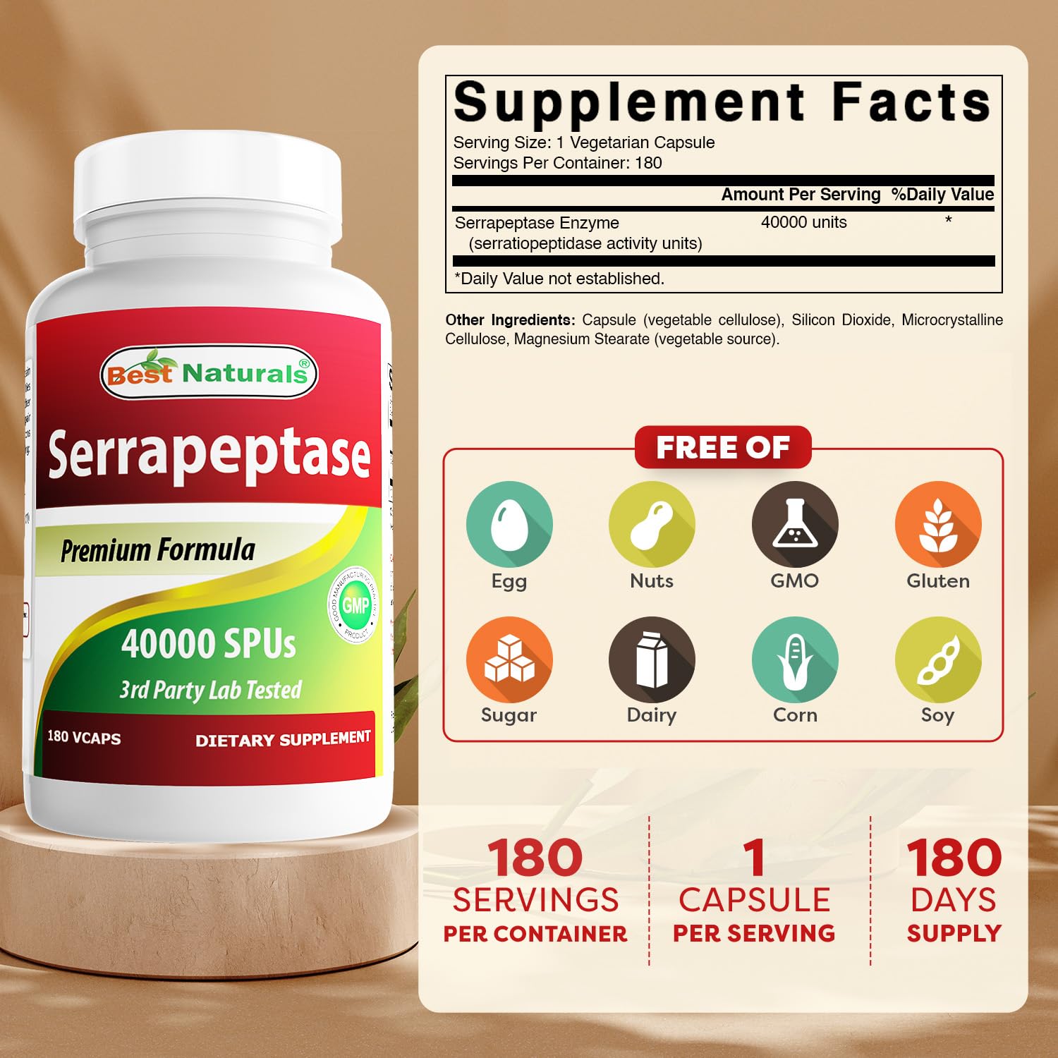 Best Naturals Serrapeptase 40000 SPUs bottle back label with purity information