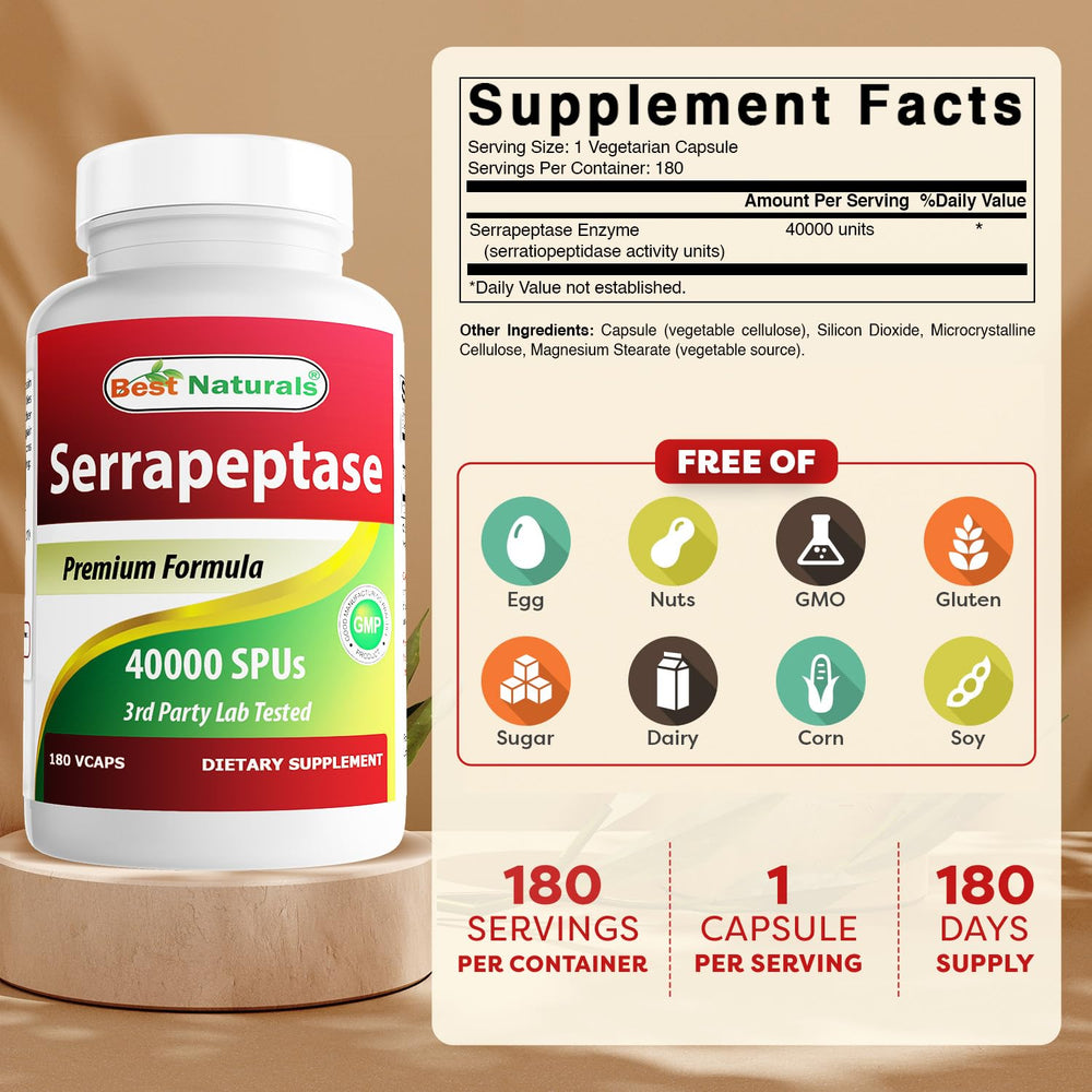 Best Naturals Serrapeptase 40000 SPUs bottle back label with purity information