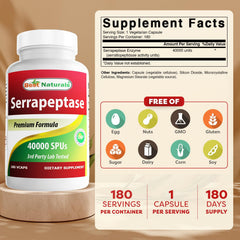 Best Naturals Serrapeptase 40000 SPUs bottle back label with purity information