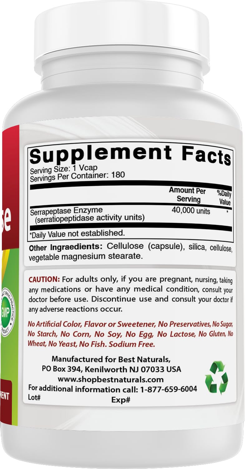 Best Naturals Serrapeptase gluten-free and non-GMO label highlight