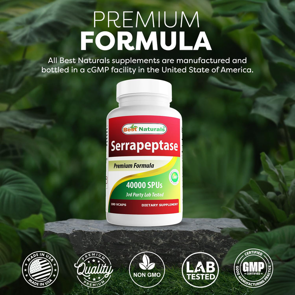 Best Naturals Serrapeptase USA-made facility seal on packaging