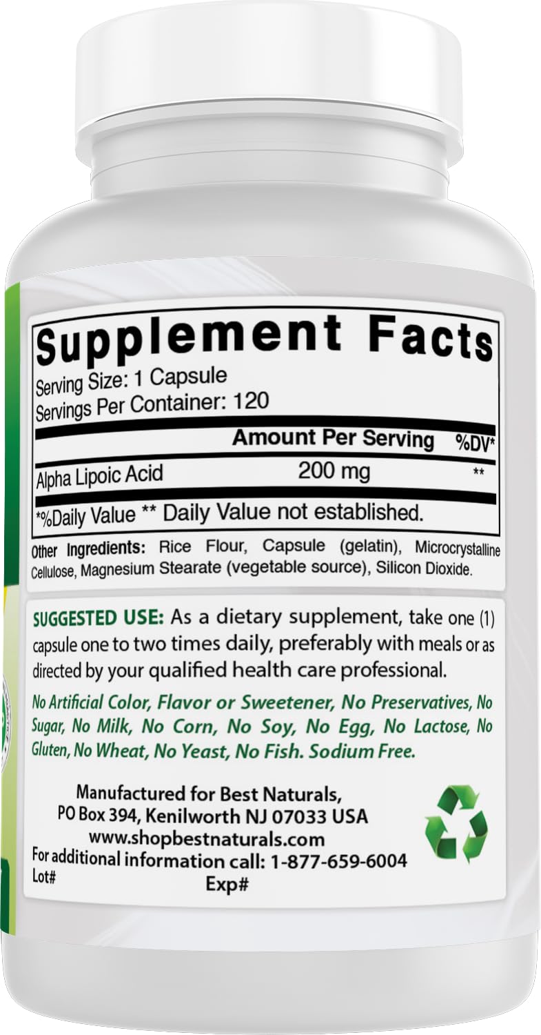 Sodium-free formula highlighted on Best Naturals Alpha Lipoic Acid packaging.