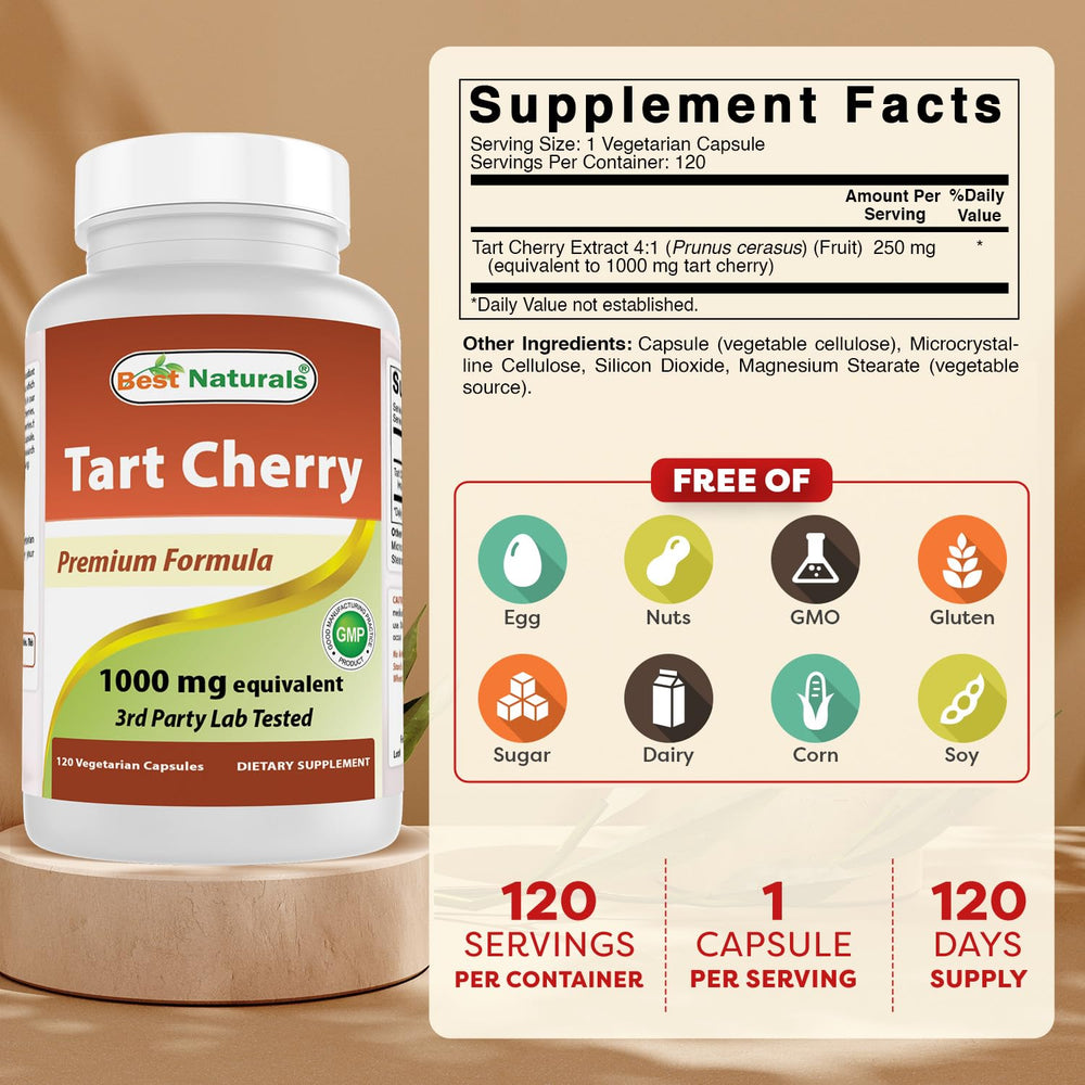 Best Naturals Tart Cherry Extract label close-up highlighting non-GMO quality.