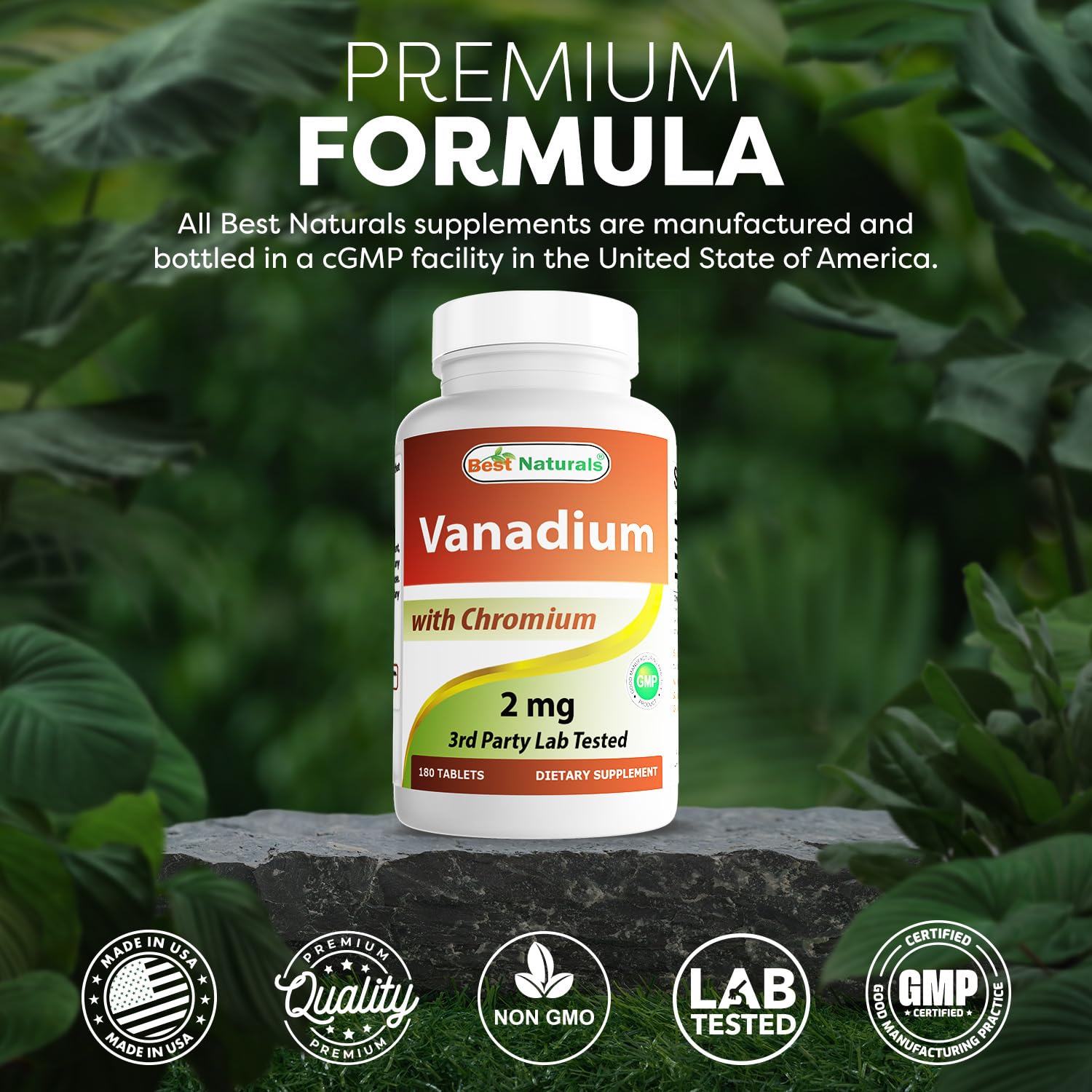 Best Naturals Vanadium tablets close-up emphasizing premium GMP quality