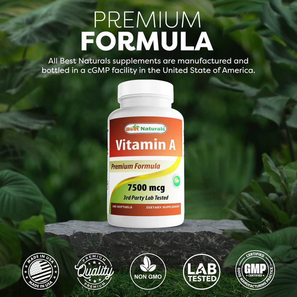 Best Naturals Vitamin A 25000 IU bottle label reads Made in USA for quality assurance