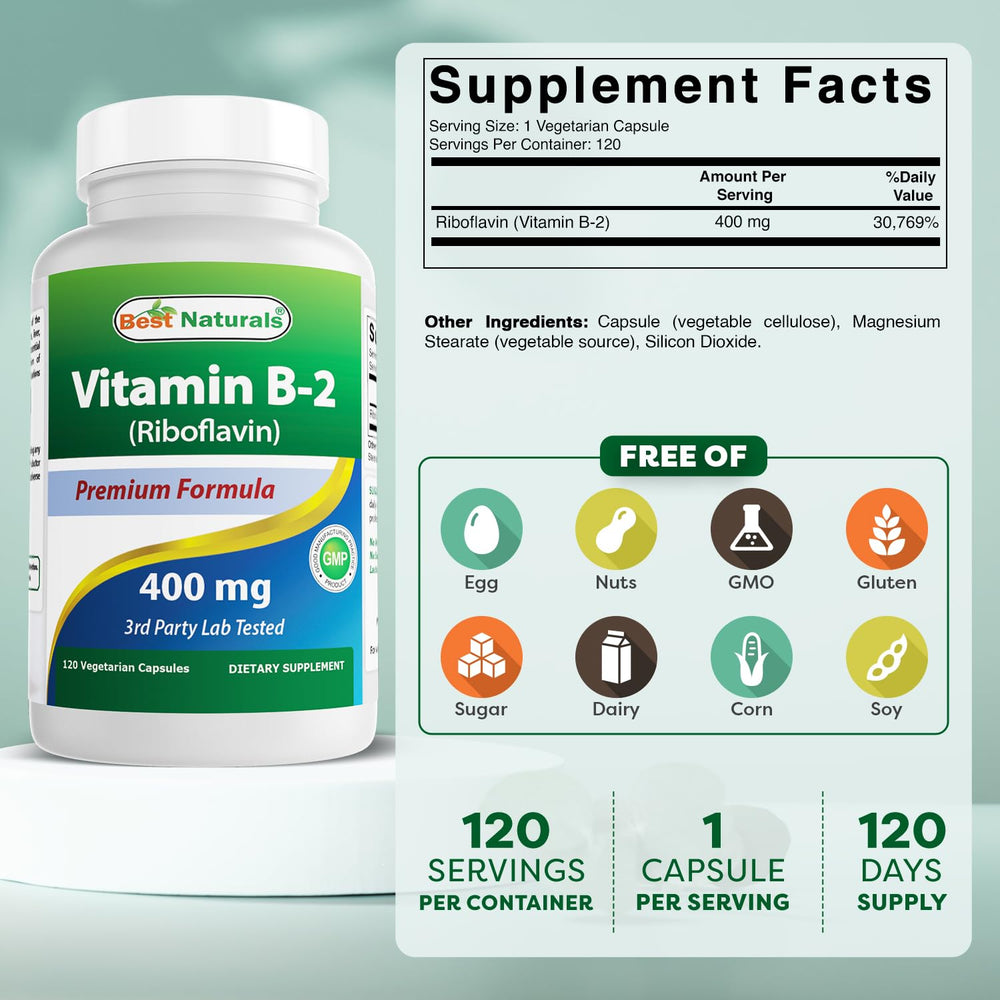 Best Naturals Vitamin B2 bottle label closeup highlighting product details and quality