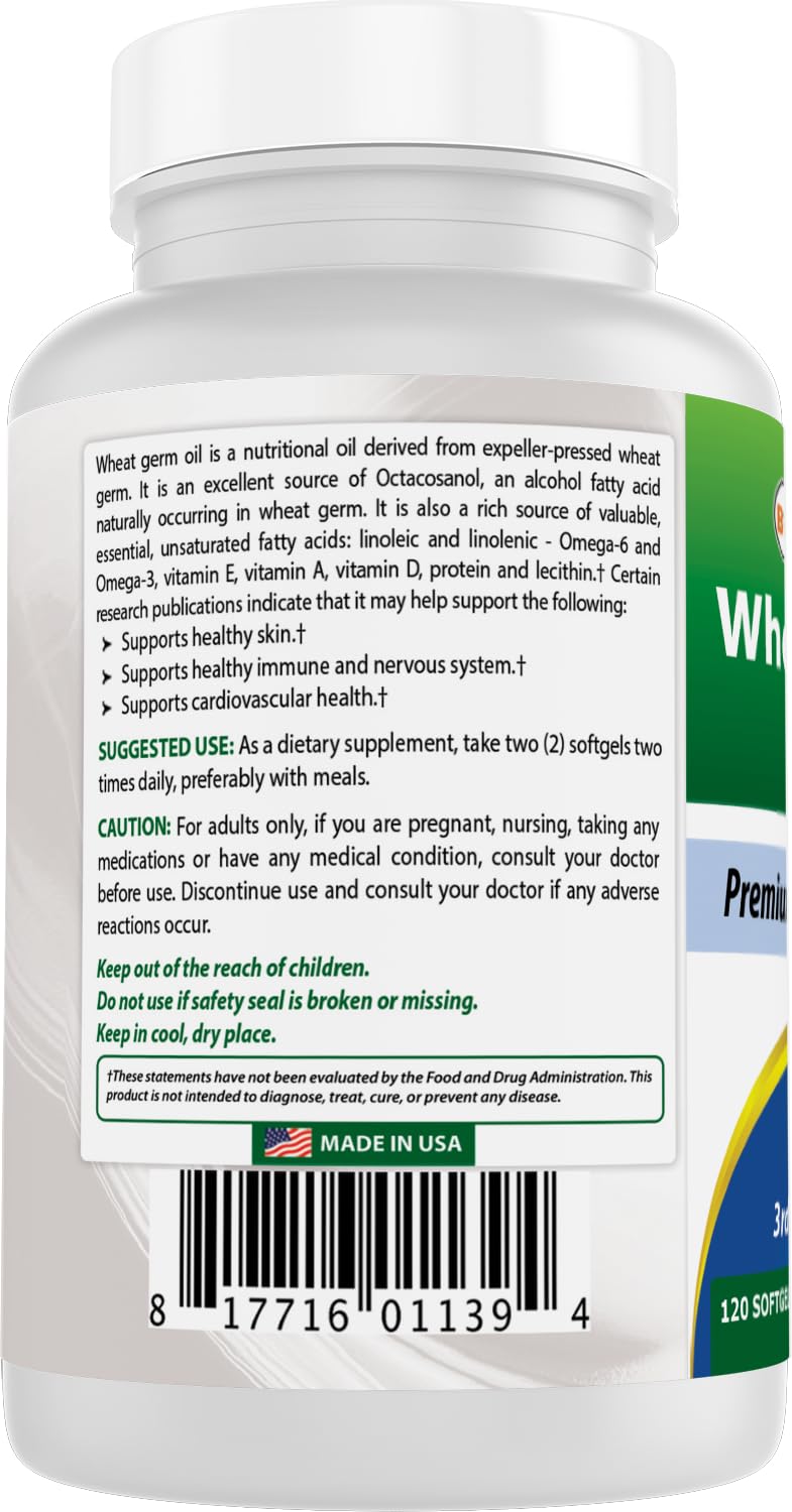 Best Naturals Wheat Germ Oil GMP USA badge emphasizes quality and trusted manufacturing.