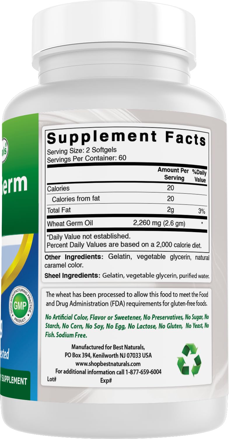 Best Naturals Wheat Germ Oil ingredient visual highlights natural source and softgel format.