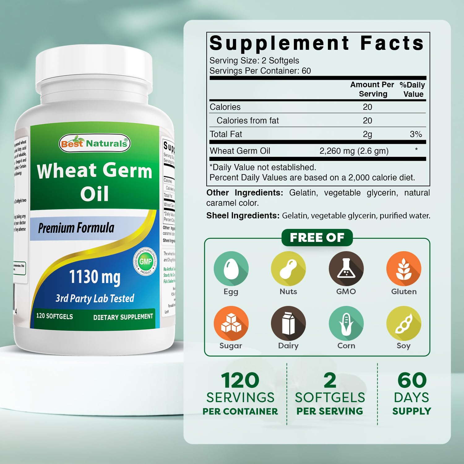 Best Naturals Wheat Germ Oil softgels closeup may support daily vitality and ease of use.