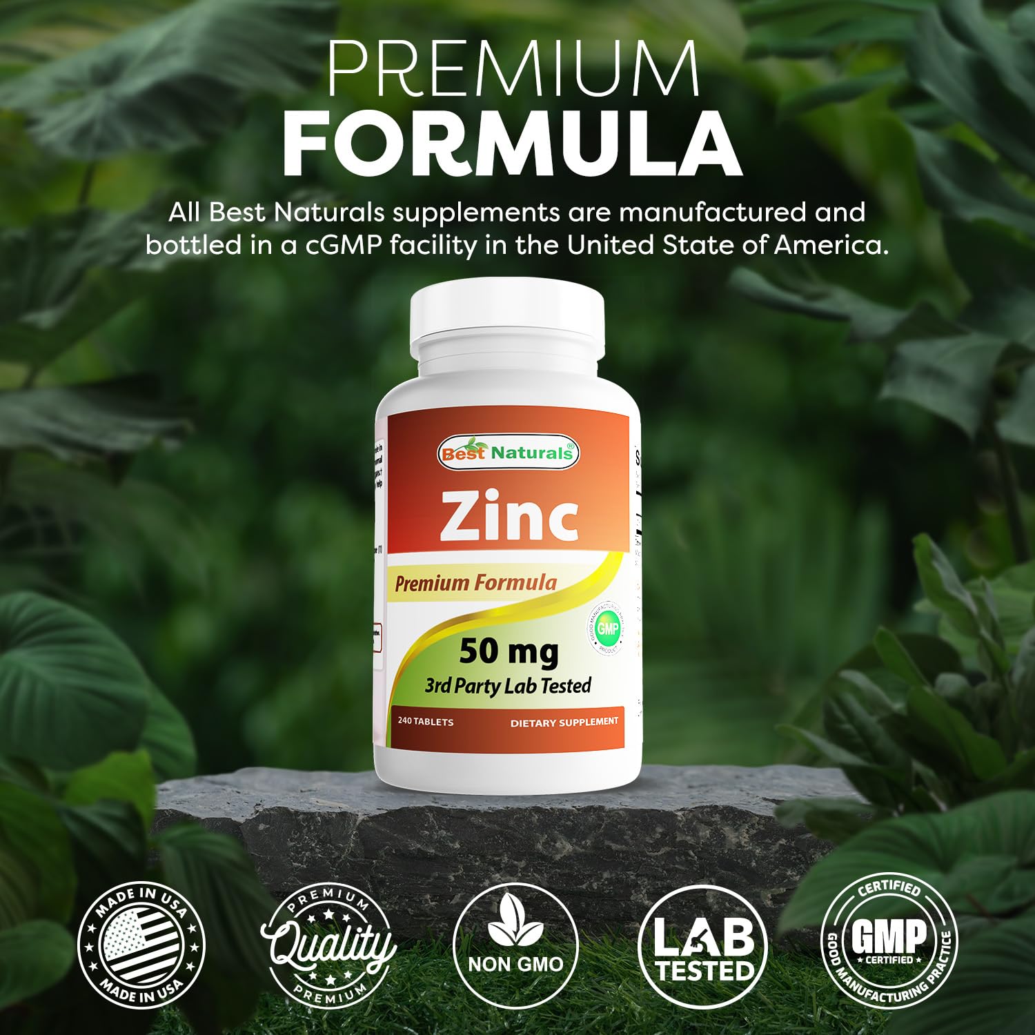 Best Naturals zinc gluconate bottle on table indicating 240-count supply.