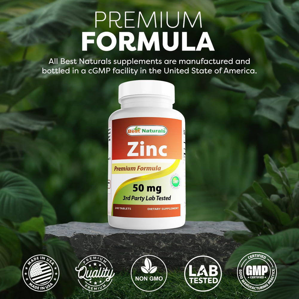 Best Naturals zinc gluconate bottle on table indicating 240-count supply.