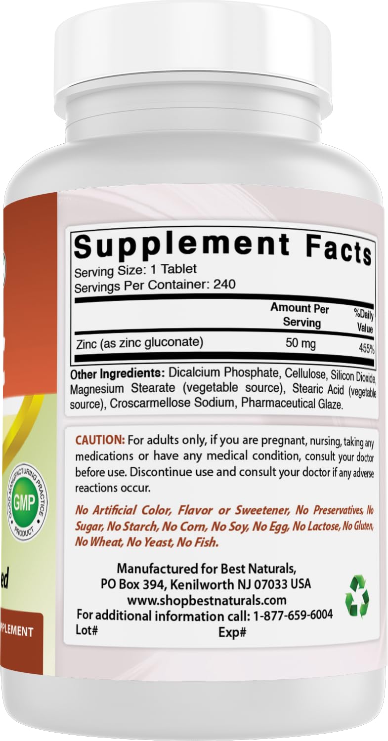Best Naturals zinc gluconate label detail with dosage and allergen-free notes.