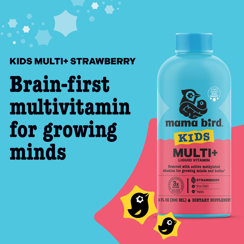 Best Nest Wellness Kids Liquid Multivitamin label shows vegan and gluten-free highlights.