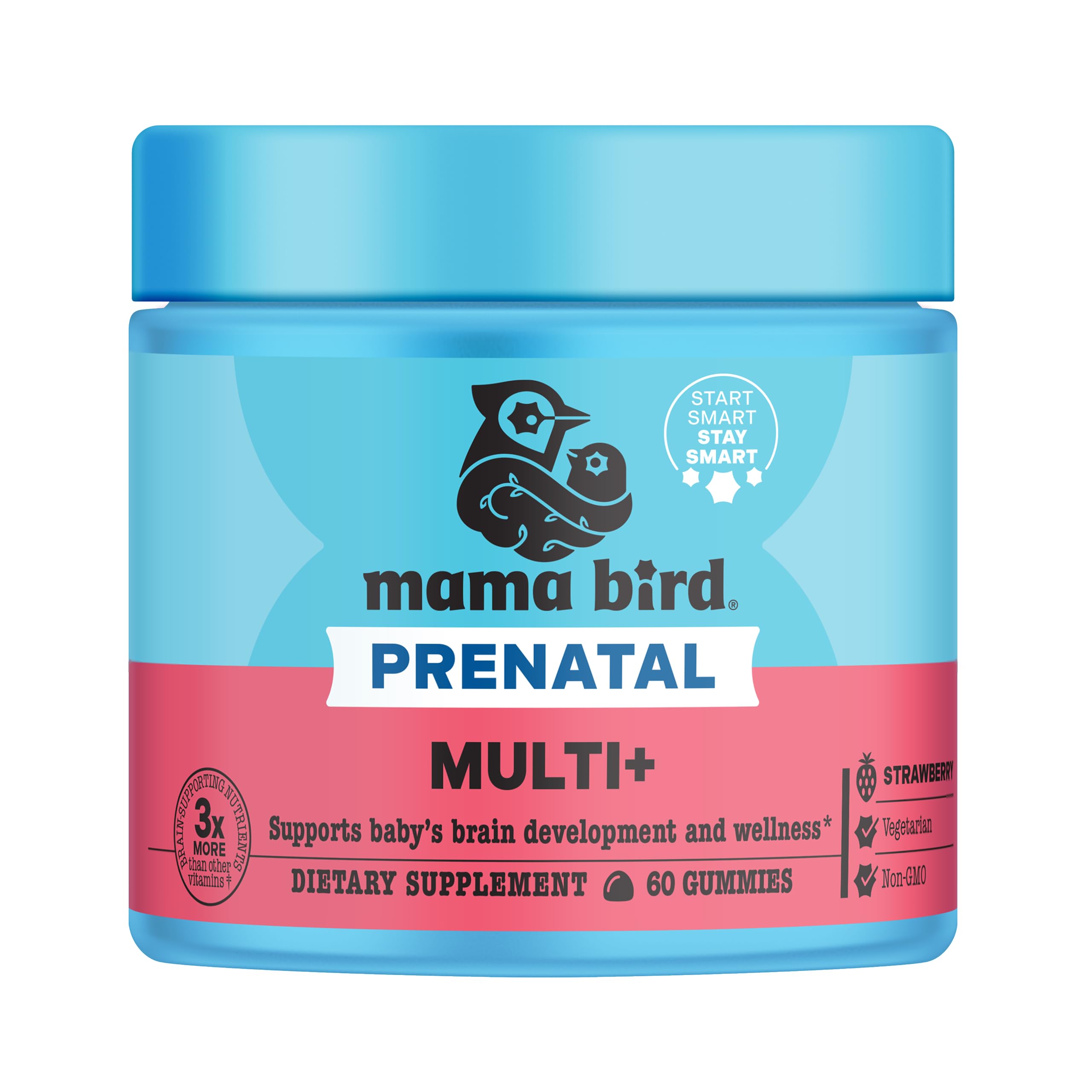 Best Nest Wellness Mama Bird Prenatal Multi Plus bottle emphasizing strawberry flavor and prenatal support