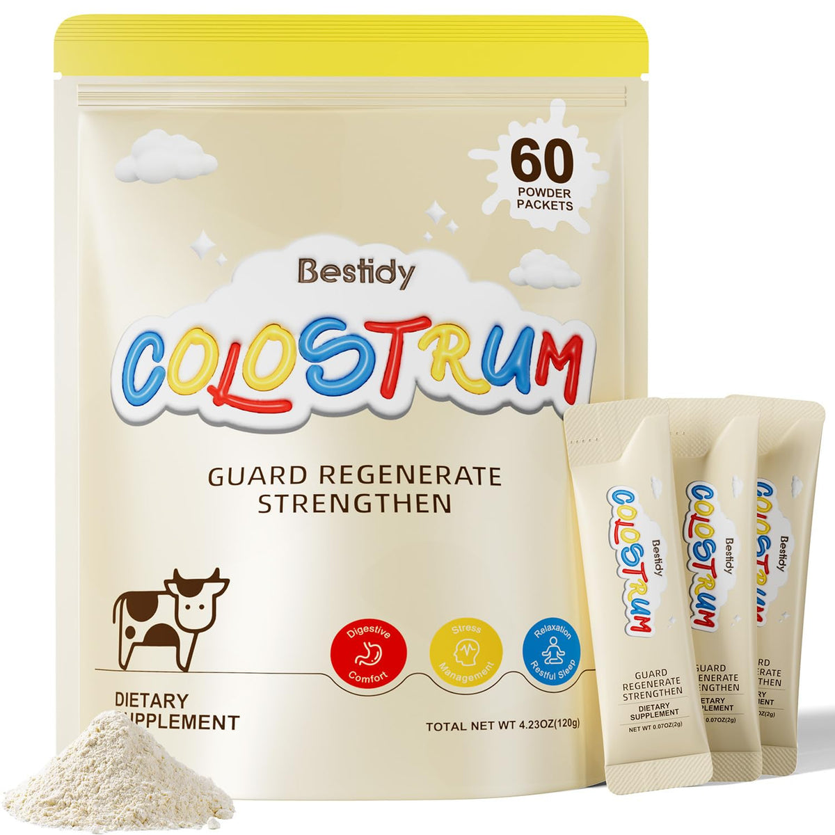 Bestidy Colostrum Powder bottle and label signaling premium daily wellness.