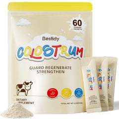 Bestidy Colostrum Powder bottle and label signaling premium daily wellness.