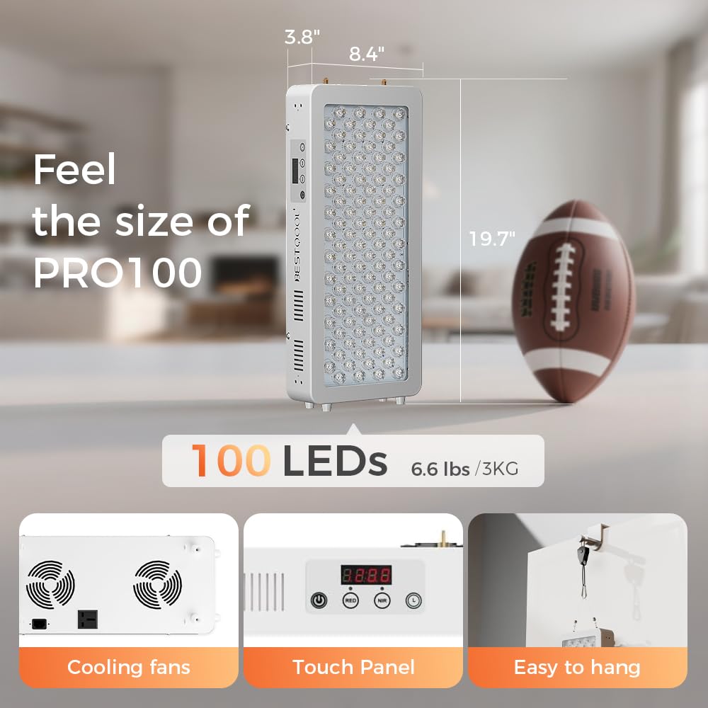 BestQool Pro100 dual-chip LEDs closeup emphasizes red and near-infrared light capability.
