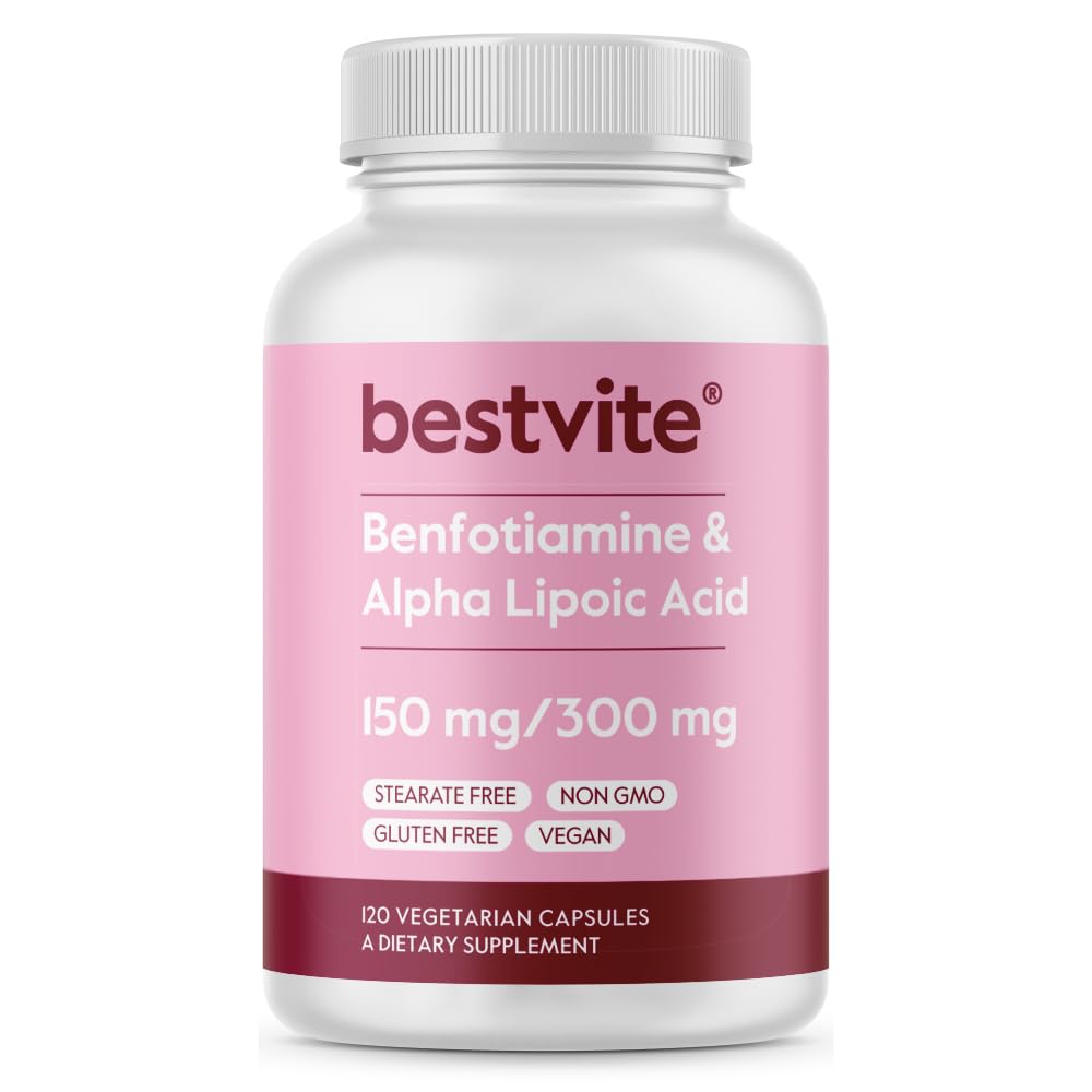 BestVITE benfotiamine bottle close-up for daily support with ALA