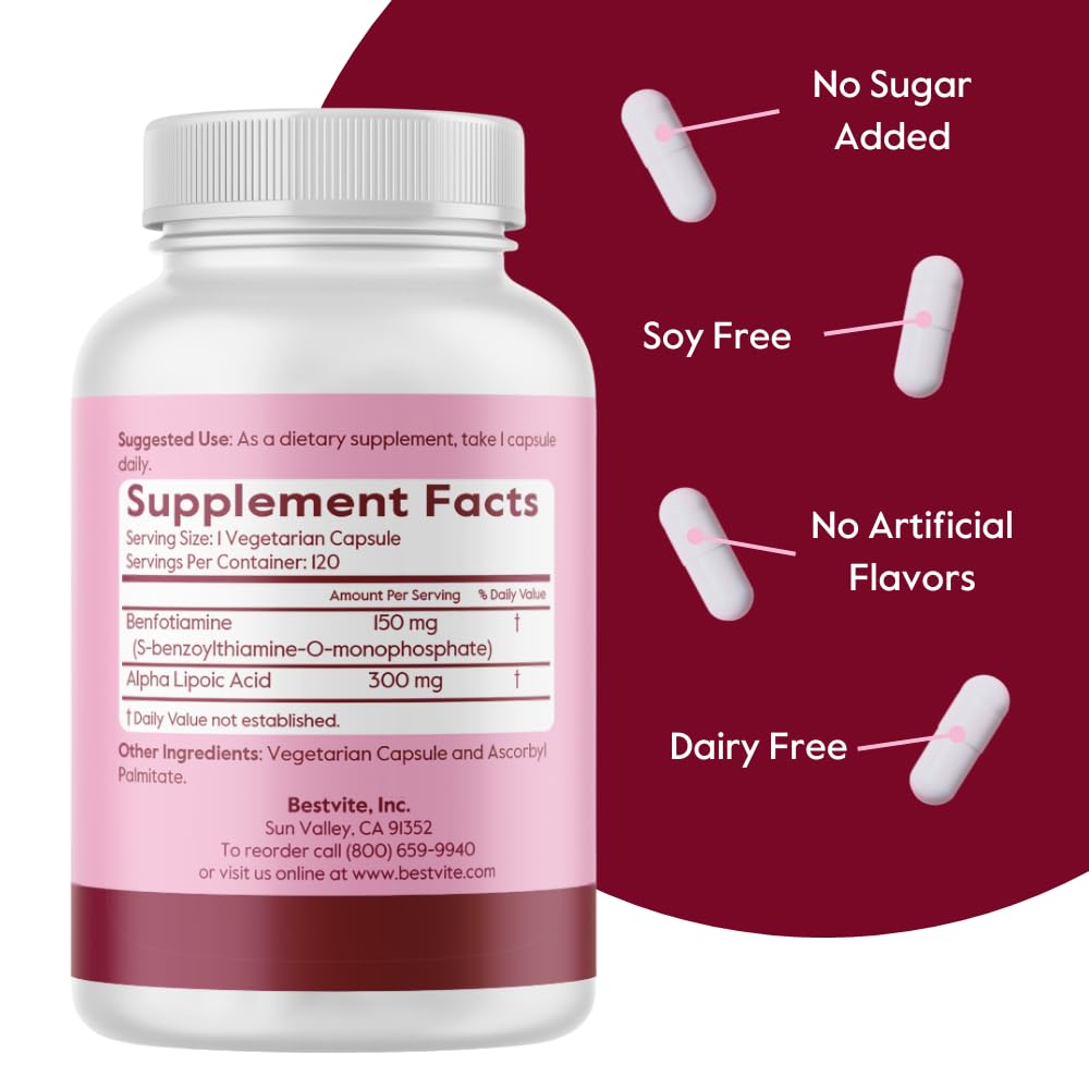 BestVITE benfotiamine-ala label highlighting gluten-free and non-GMO features