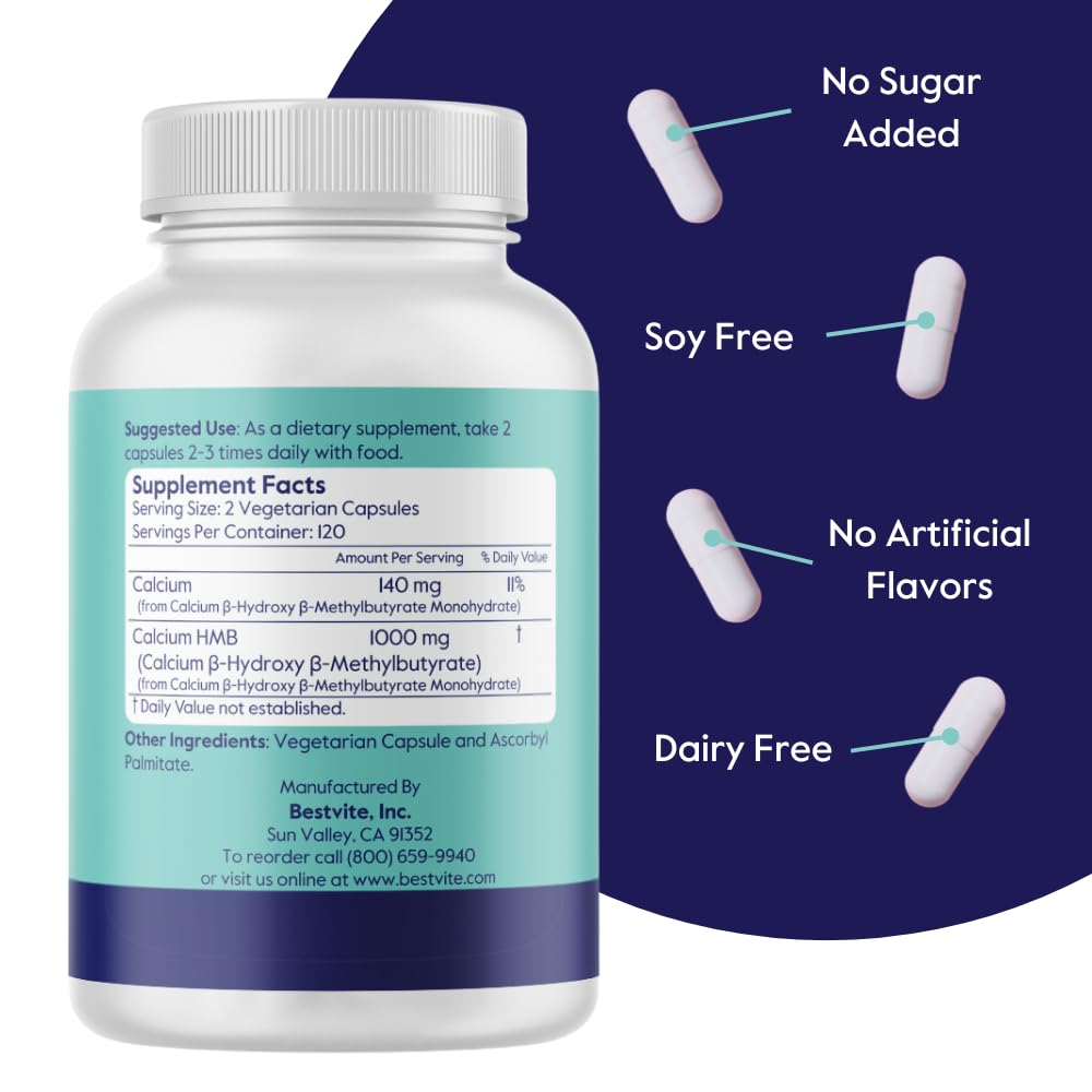 BESTVITE HMB 1000mg bottle front showing vegan, gluten-free formula.