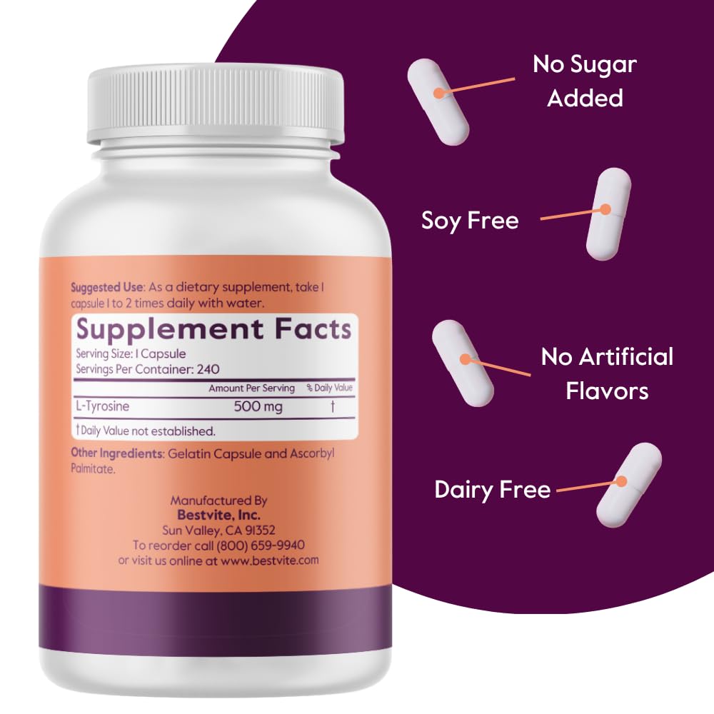 BESTVITE L-Tyrosine 500mg capsules closeup label highlighting 500mg per capsule