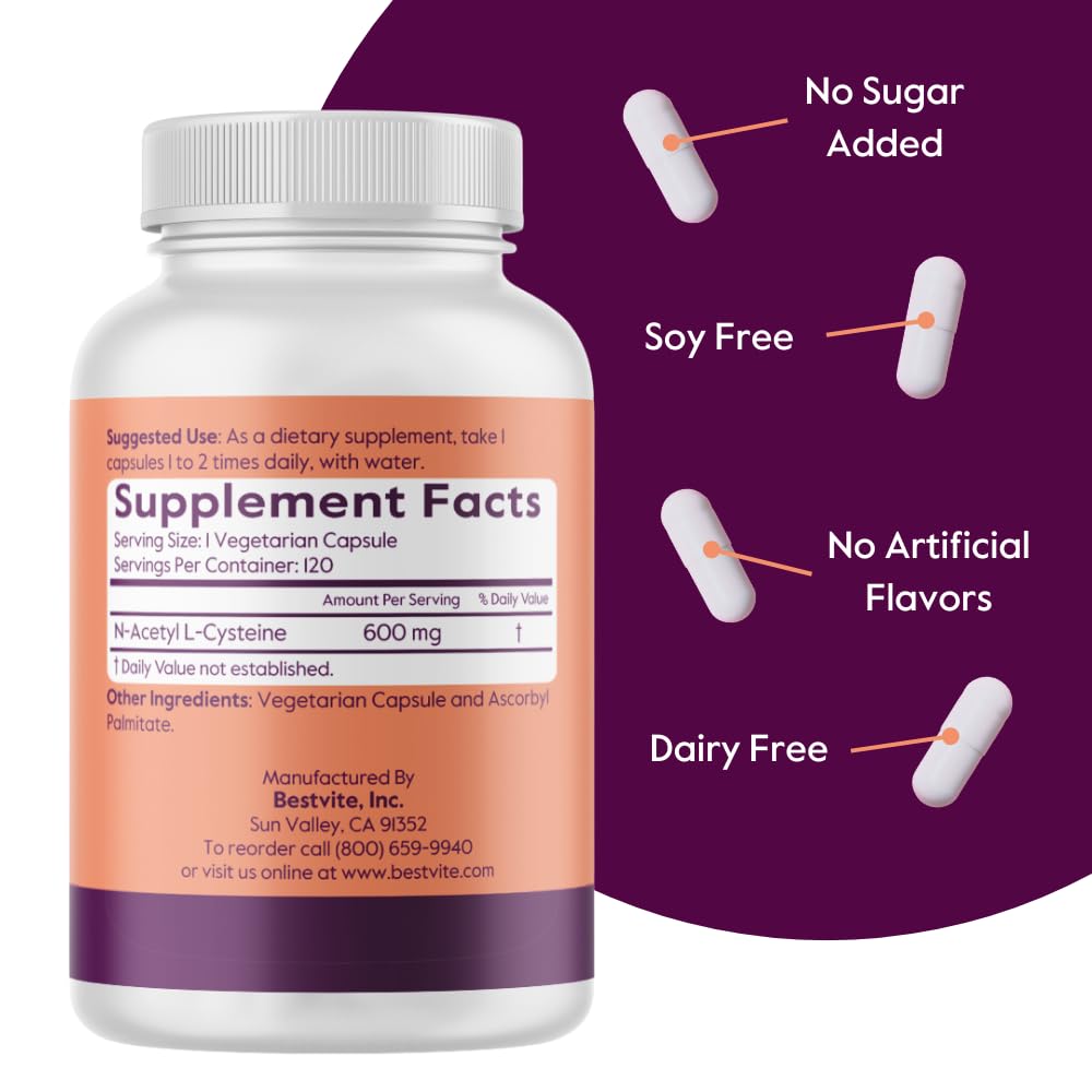 BESTVITE NAC ingredients label; vegan, gluten-free, non-GMO formulation.
