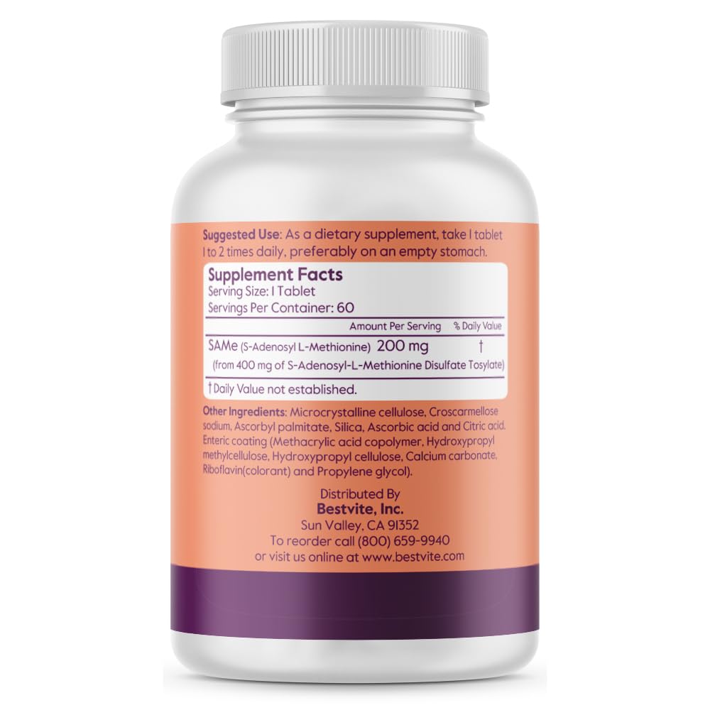 BESTVITE SAM-e tablet close-up showing 200 mg dose for daily mood and joint support