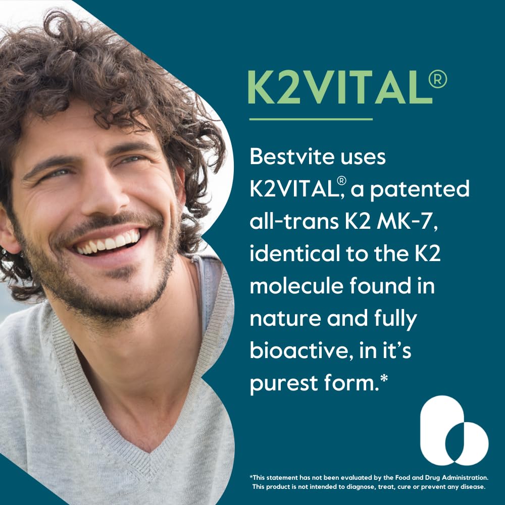 Close-up of BESTVITE K2 capsules highlighting vegan, clean ingredients