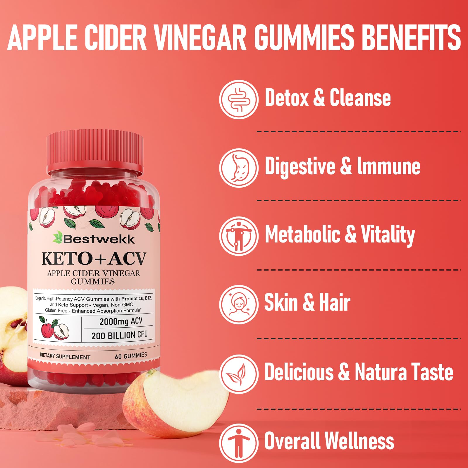 Bestwekk ACV gummies bottle with keto-friendly labeling and spice panel.
