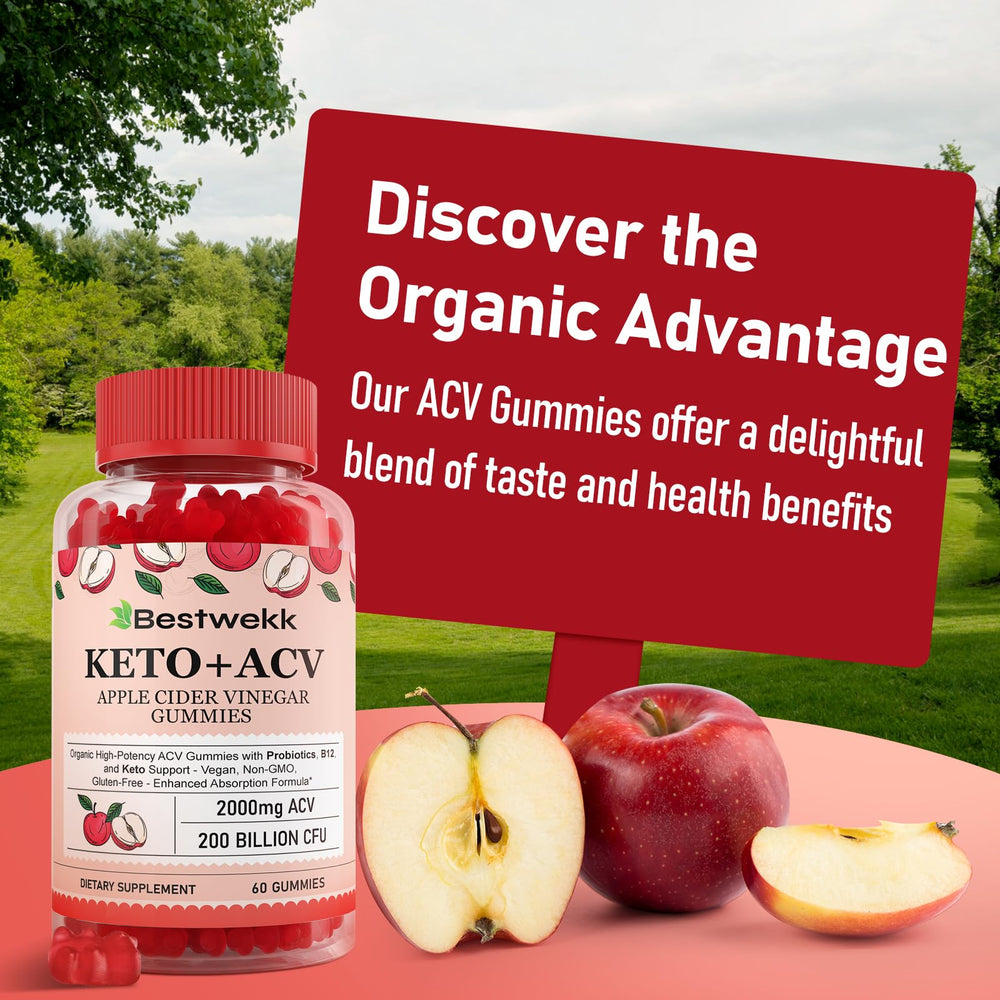 Bestwekk apple-flavored gummies beside a glass of water for easy hydration.