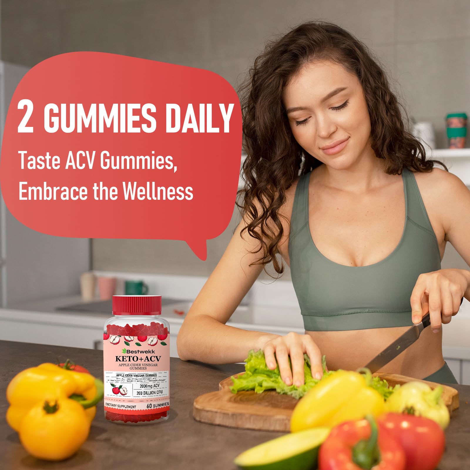 Bestwekk two gummies per day serving suggestion on a clean surface.