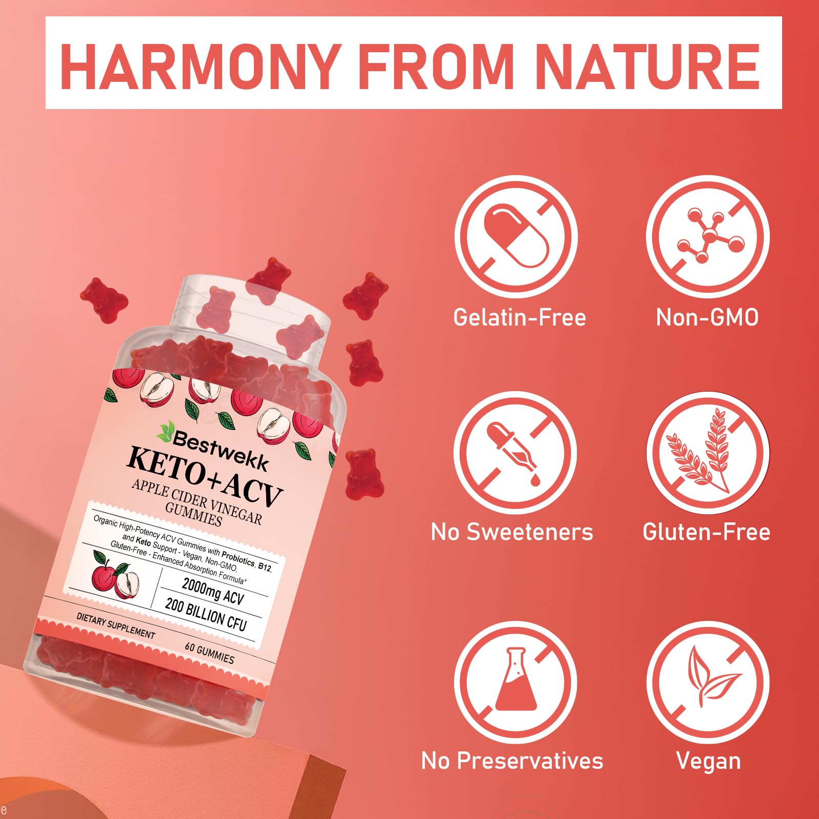 Bestwekk non-GMO and gluten-free gummy bottle for clean supplements.