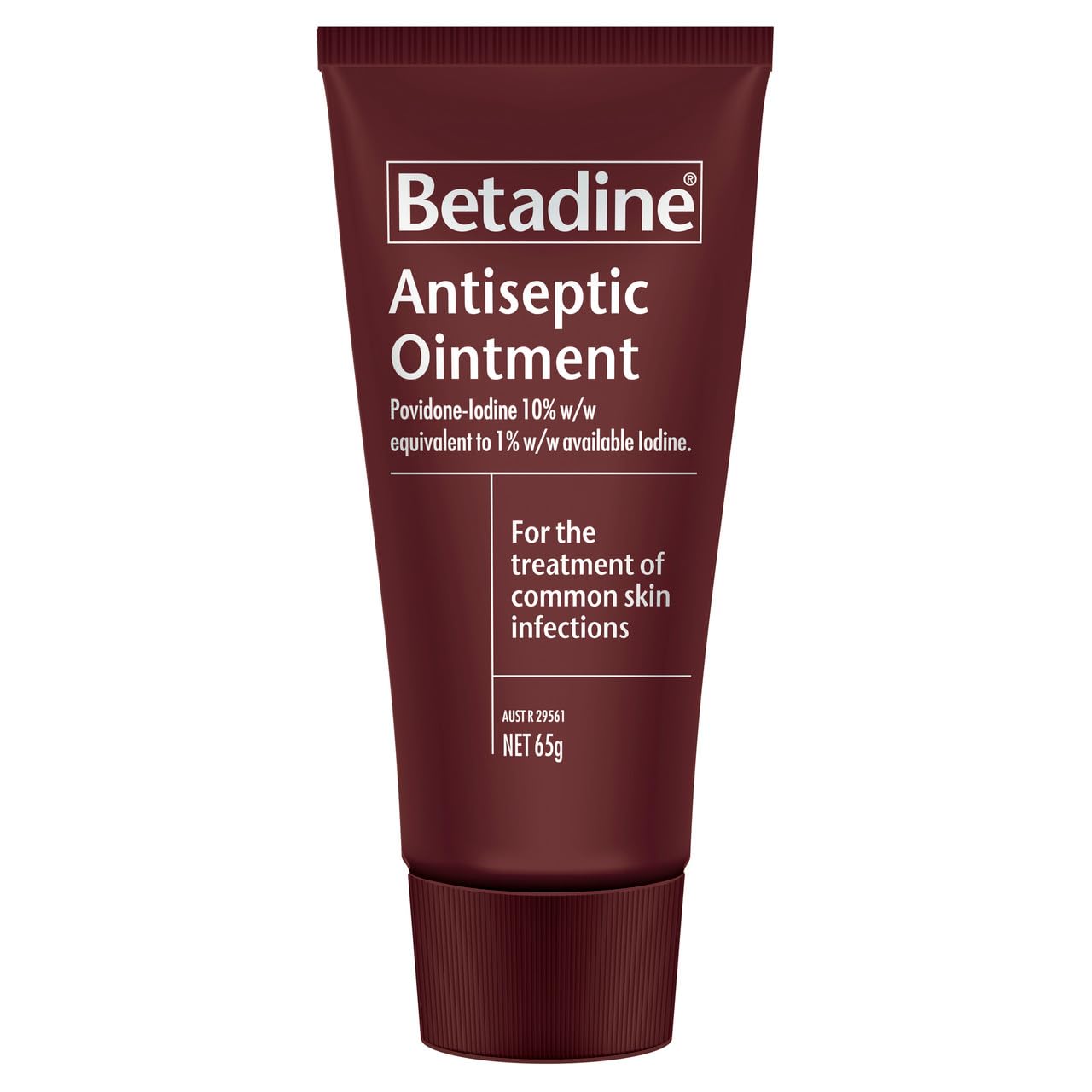 Betadine antiseptic ointment bottle of 65g for minor wound care.