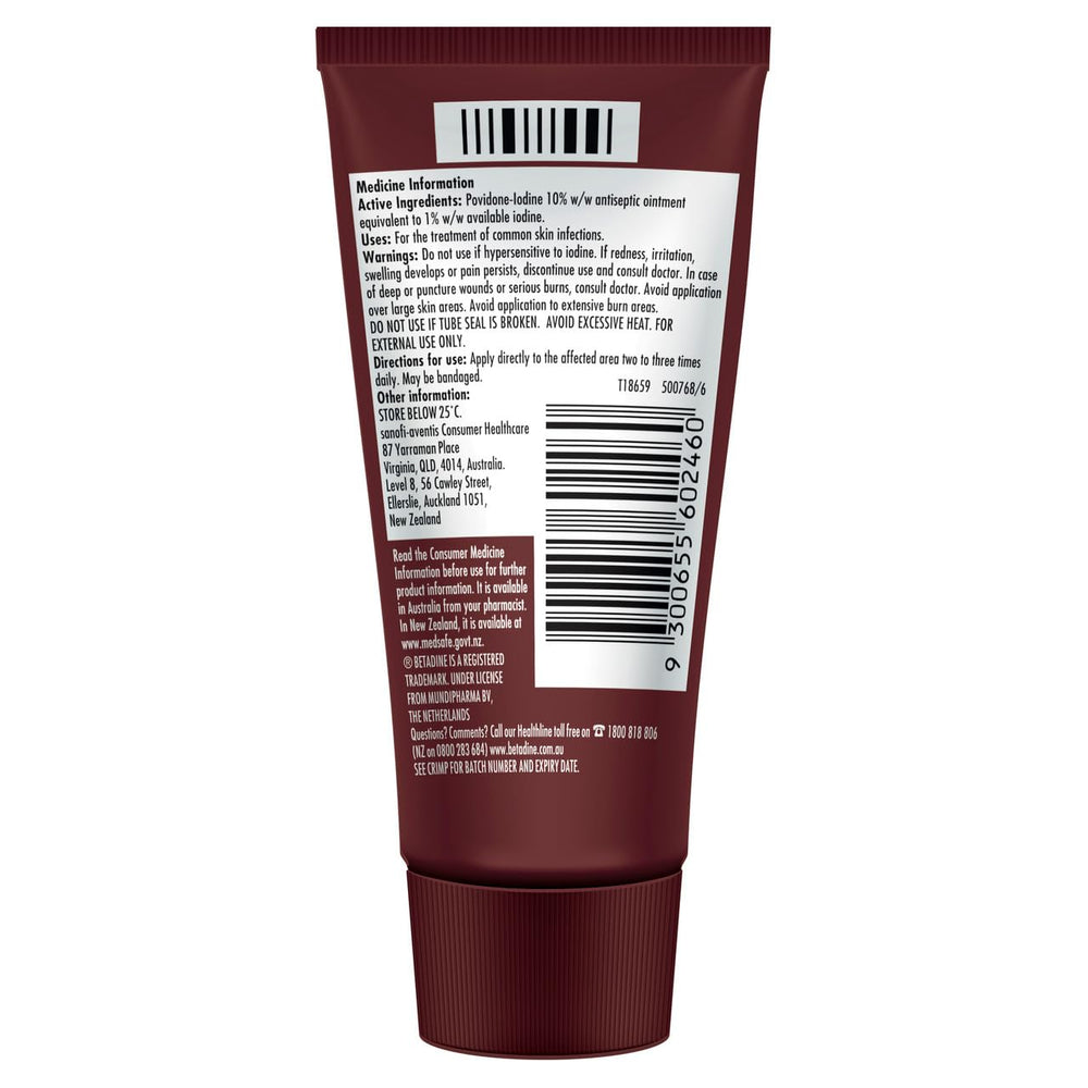 Betadine antiseptic ointment applied on skin to protect minor injuries.