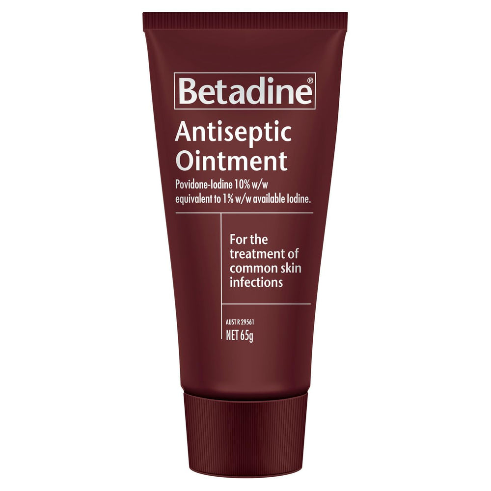 Betadine antiseptic ointment with bandaged area suitable for protected wounds.