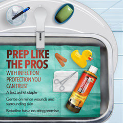 Close-up of Betadine label highlighting no-sting promise.