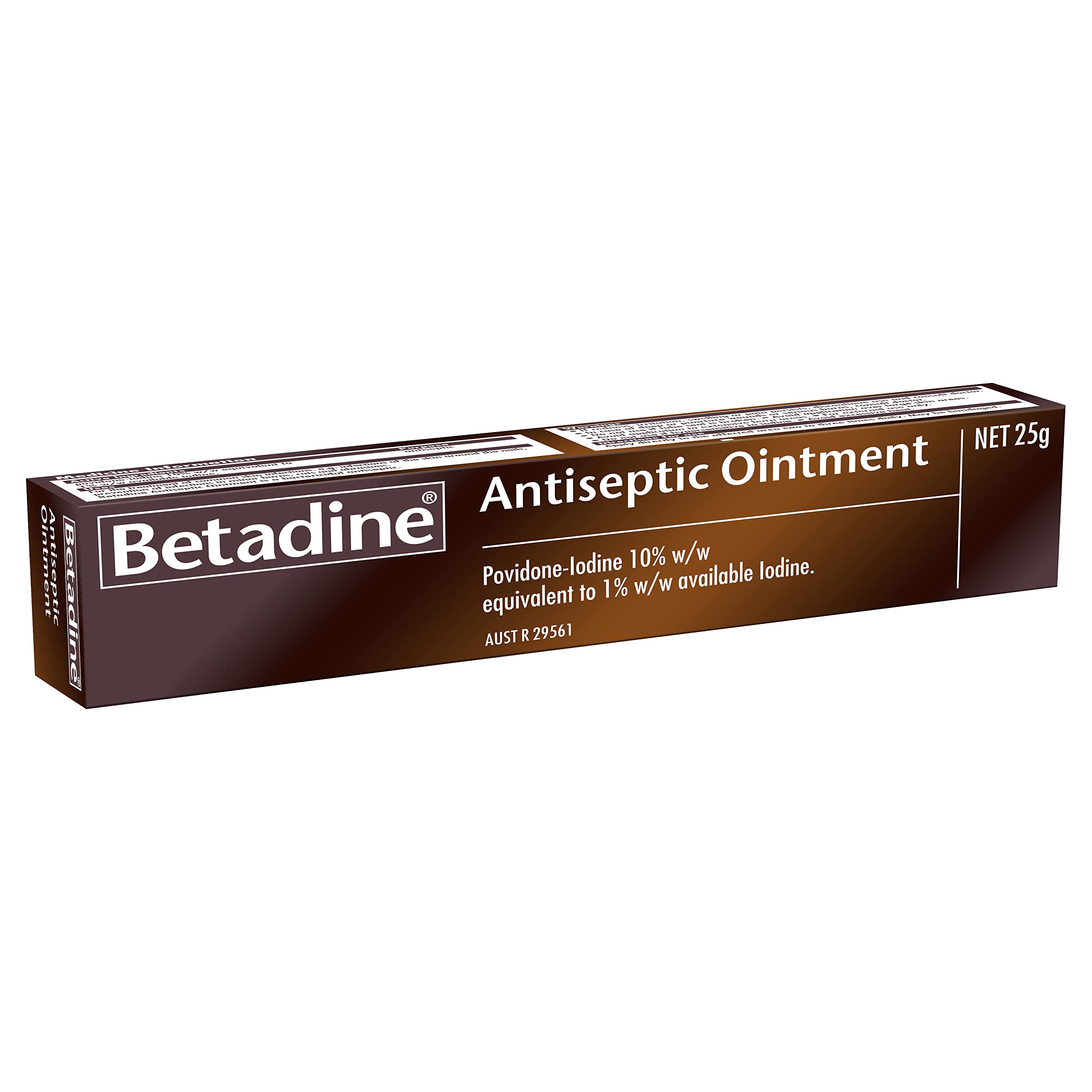 Betadine Ointment 25g packaging displayed for convenient first aid.