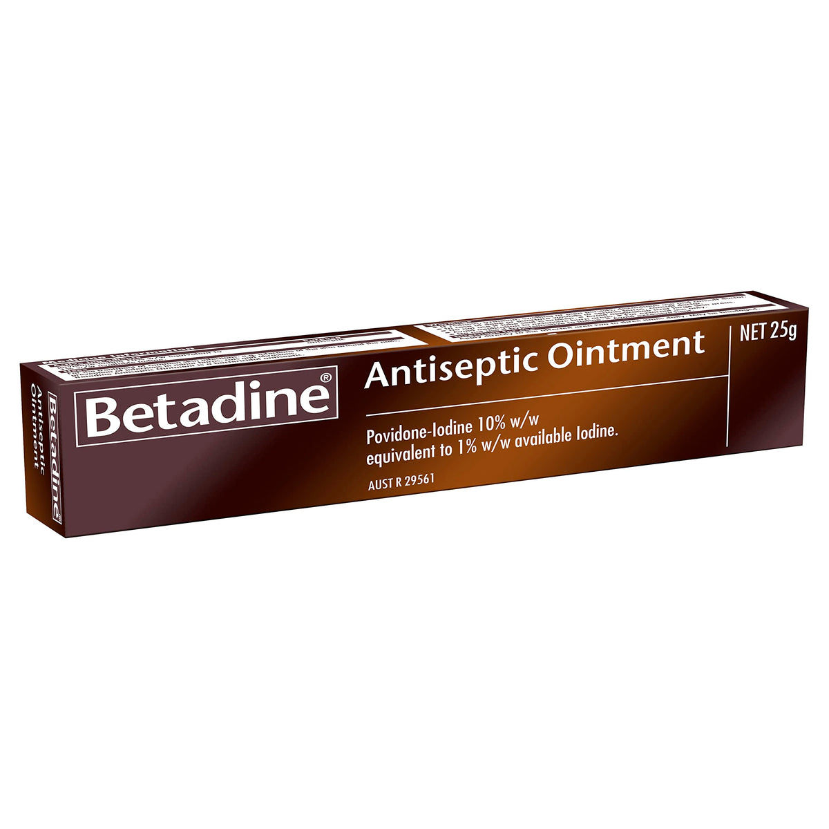 Betadine Ointment 25g packaging displayed for convenient first aid.