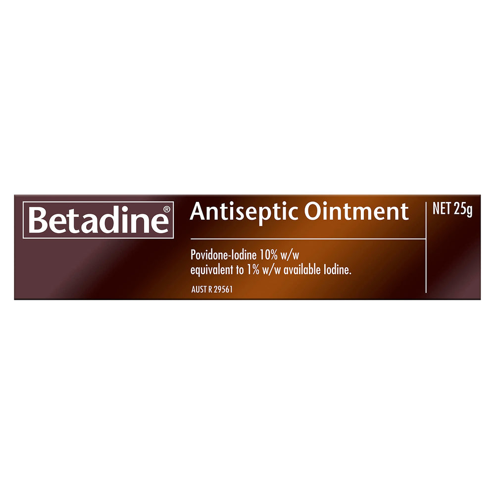 Betadine Ointment brown stain on skin marks the treated area.