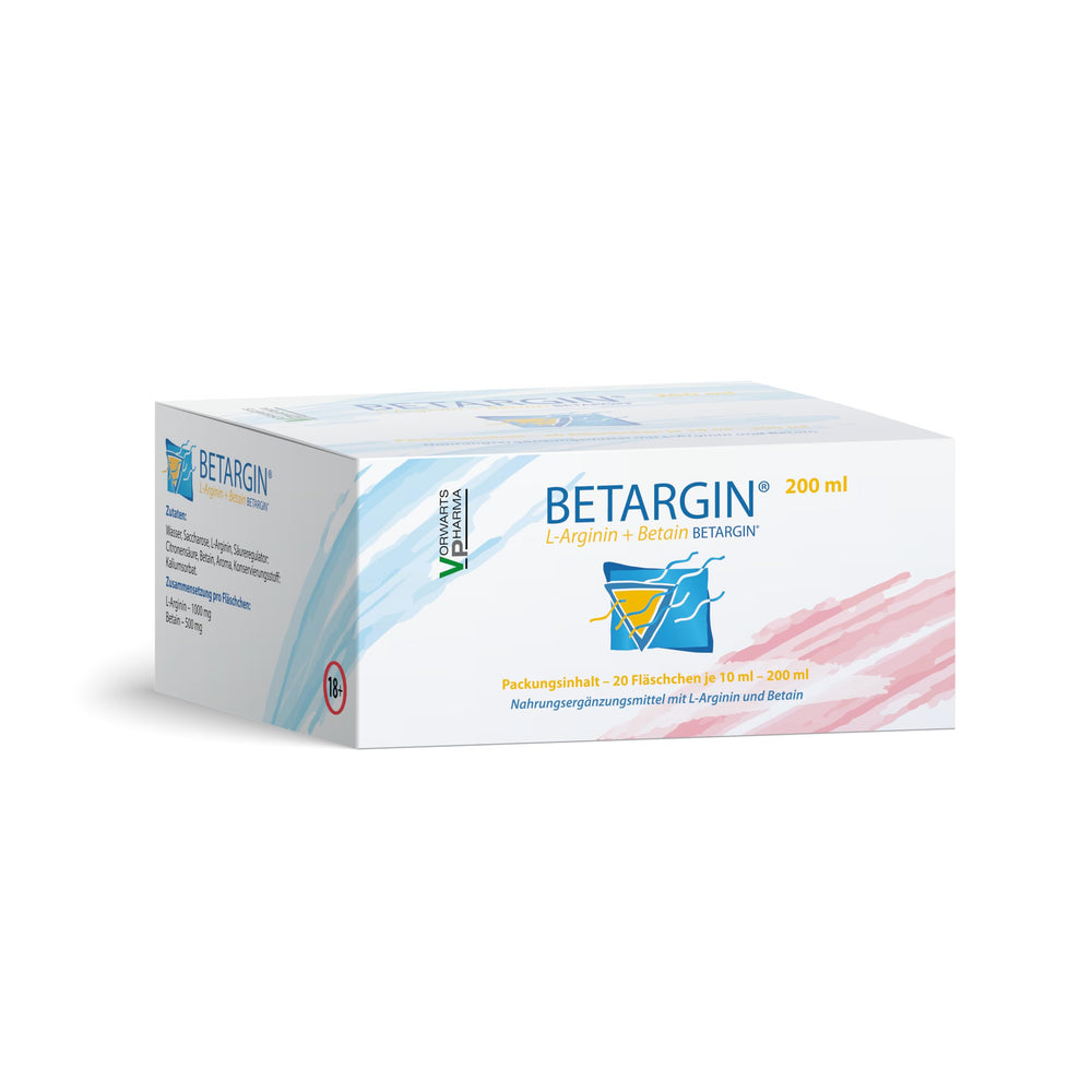 Product shot of Betargin bottle beside glass and herbs