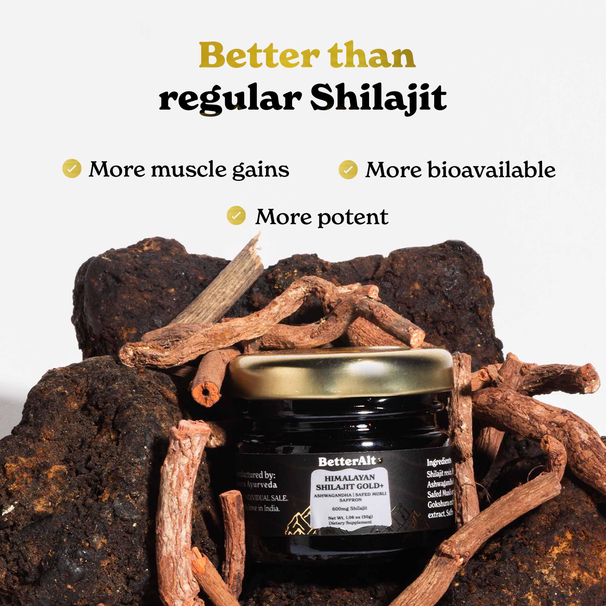 Better Alt Ashwagandha Safed Musli Gokshura ingredients label highlights plant-powered blend.